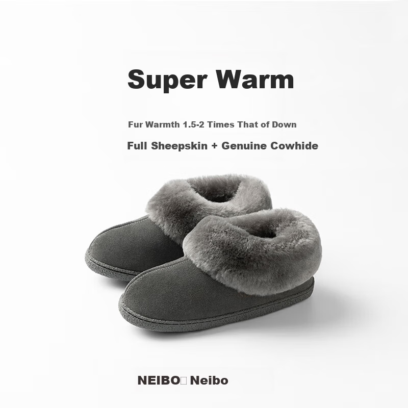 NEIBO Ultra Warm Wool Slippers Unisex Couples Winter Home Sheepskin Latex Non-Slip Full Heel Gray Size 37