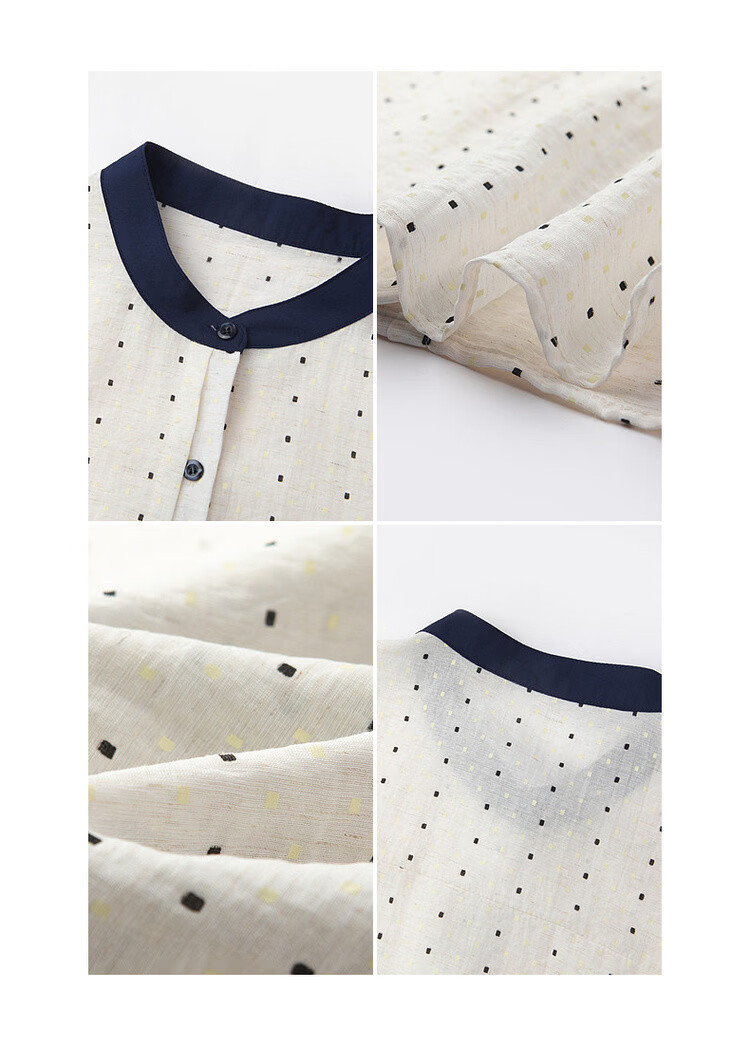 Demana Oxygen Linen Summer Fresh Plaid Color-Block Stand Collar Short Sleeve Loose Slim Women's Shirt 13
