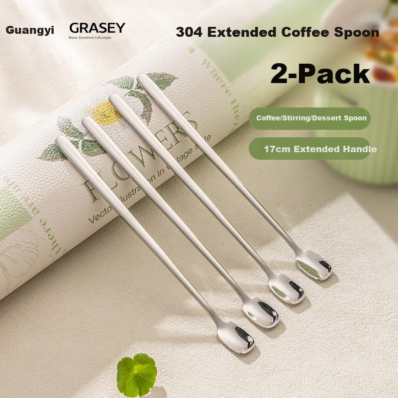 Guangyi 304 Stainless Steel Coffee Spoon Long Handle Small Soup Spoon Honey Stirring Stick Dessert Stirring Spoon 2 Pieces GY7726