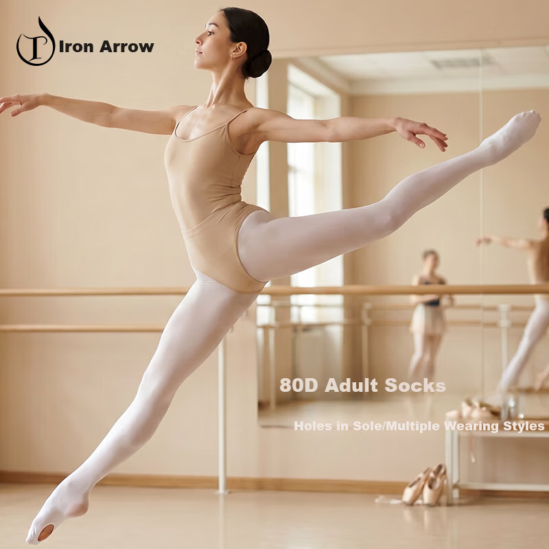 Iron Arrow Adult Ballet Dance Tights, Full-Length Elastic Footed Tights with Sole Cutout, White (Cutout)