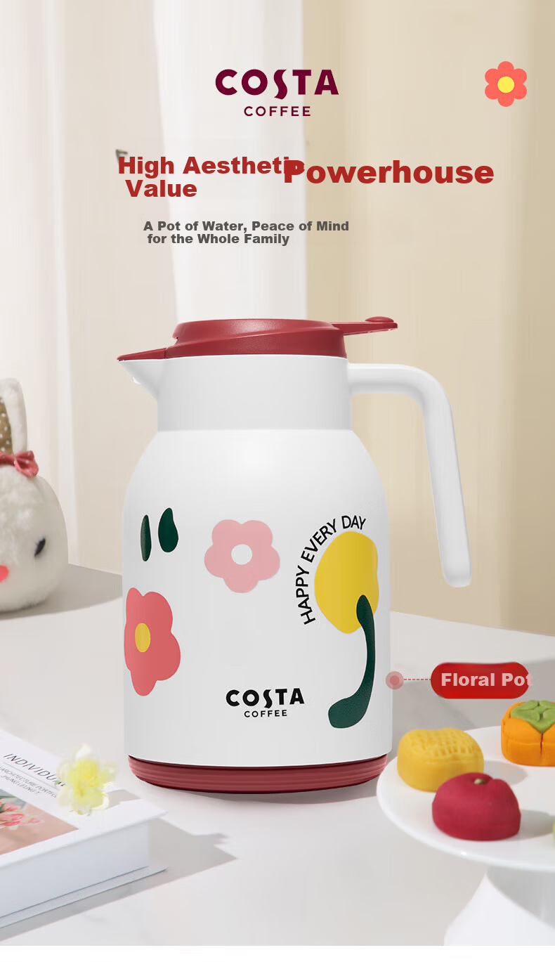 COSTA Large Capacity Insulated Kettle Household Hot Water Pot Red Liner Thermos Flask Tea Steeping Cup 24-Hour Heat Preservation 1