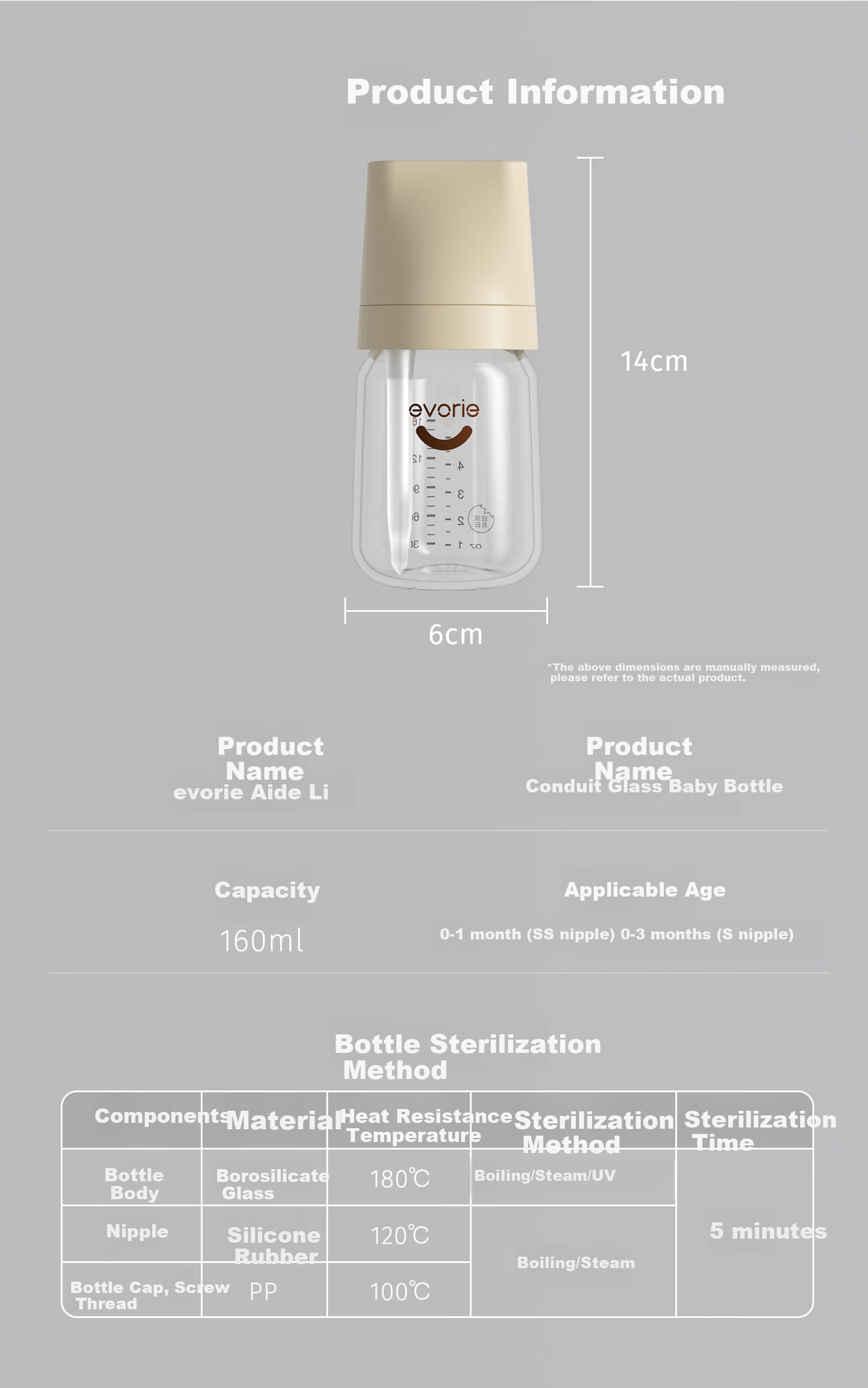 Evorie Exquisite Series Glass Baby Bottle Wide Neck Newborn Bottle 160ml Moonlight Blue (0-3 Months+) 11