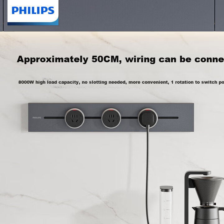 PHILIPS Surface Mounted Track Socket Switch Panel Wall-Mounted Slot-Free Movable Sliding Rail Socket 50cm Track + 3 Adapters Gray