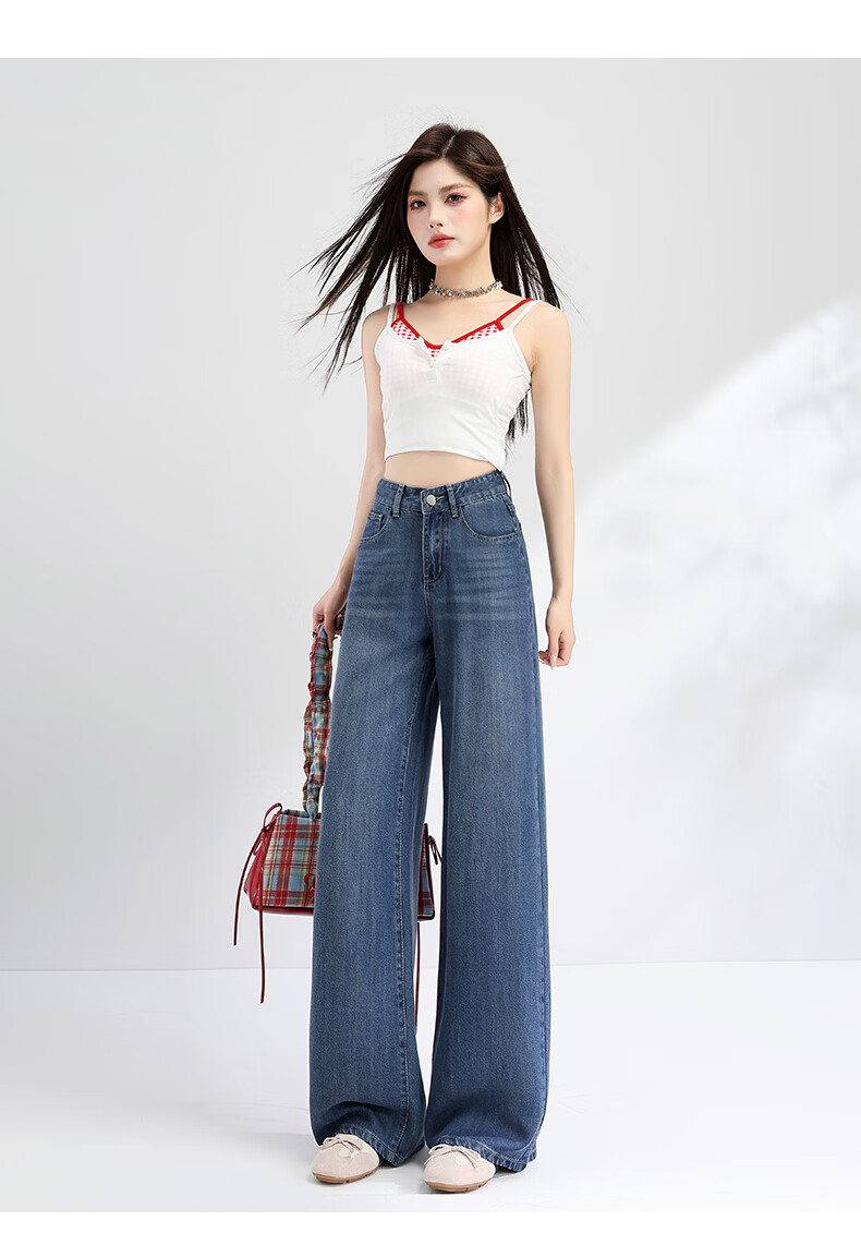 Jeanswest Women's Summer Soft Tencel High-Waist Draped Lyocell Wide-Leg Straight-Leg Retro Blue Tencel Lyocell Pants L 21