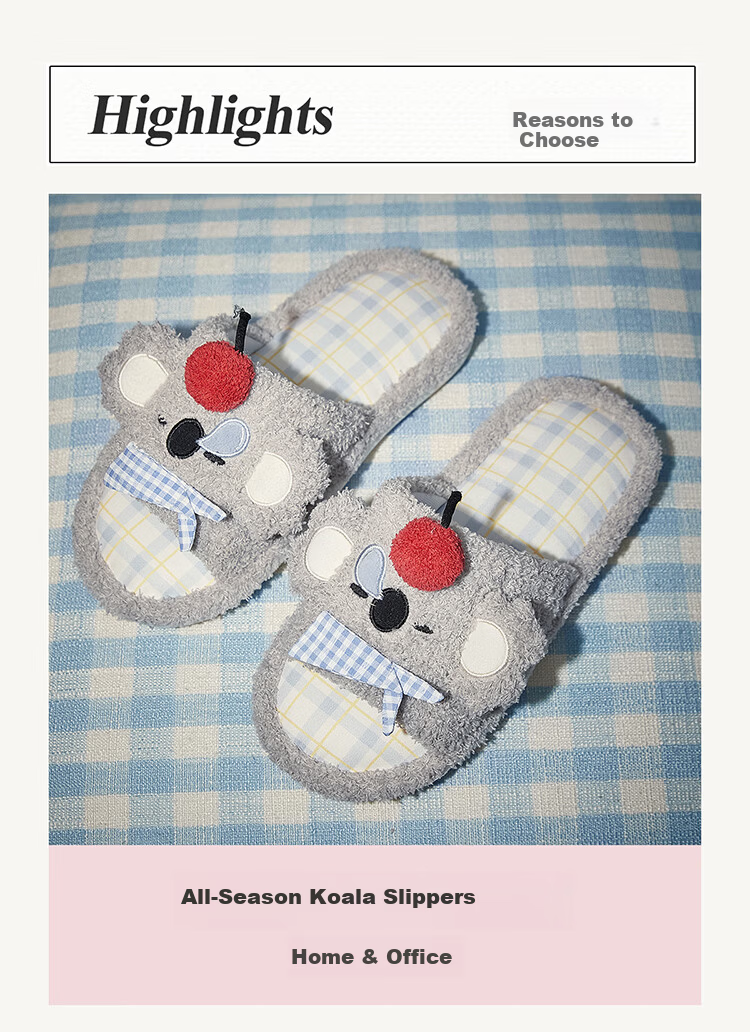 Gukoo Women's Four-Season Original Cute Koala Plaid Flat Home Slippers Vanilla Gray Size 38-39 1