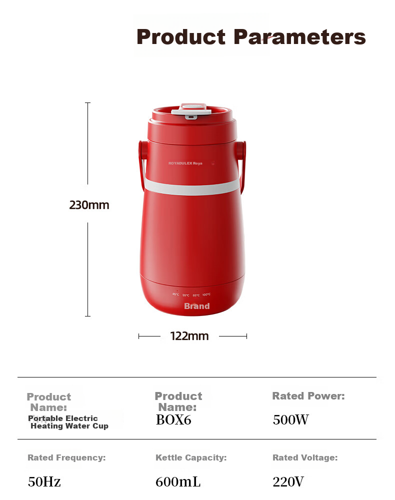 ROYALTY LINE Portable Electric Kettle Travel Hotel Electric Water Boiler Thermostatic Outdoor Insulated Health Electric Stew Cup 600ml Victory Red 28