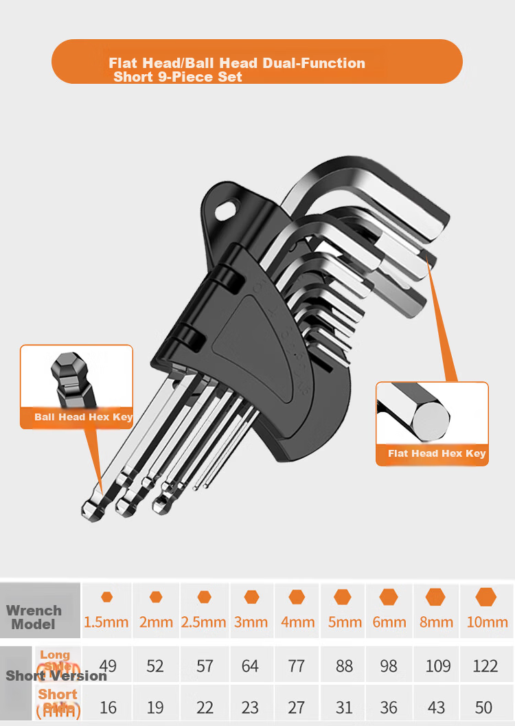Factory No.1 9-Piece Electroplated Silver Hex Key Set Hex Screwdriver Wrench [Long Ball End] 10