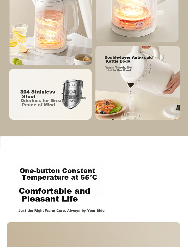 Joyoung ZMD Safe Series 2L Electric Kettle, One-Button Keep Warm, 304 Stainless Steel, Double-Layer Anti-Scald K20FD-W6391 3