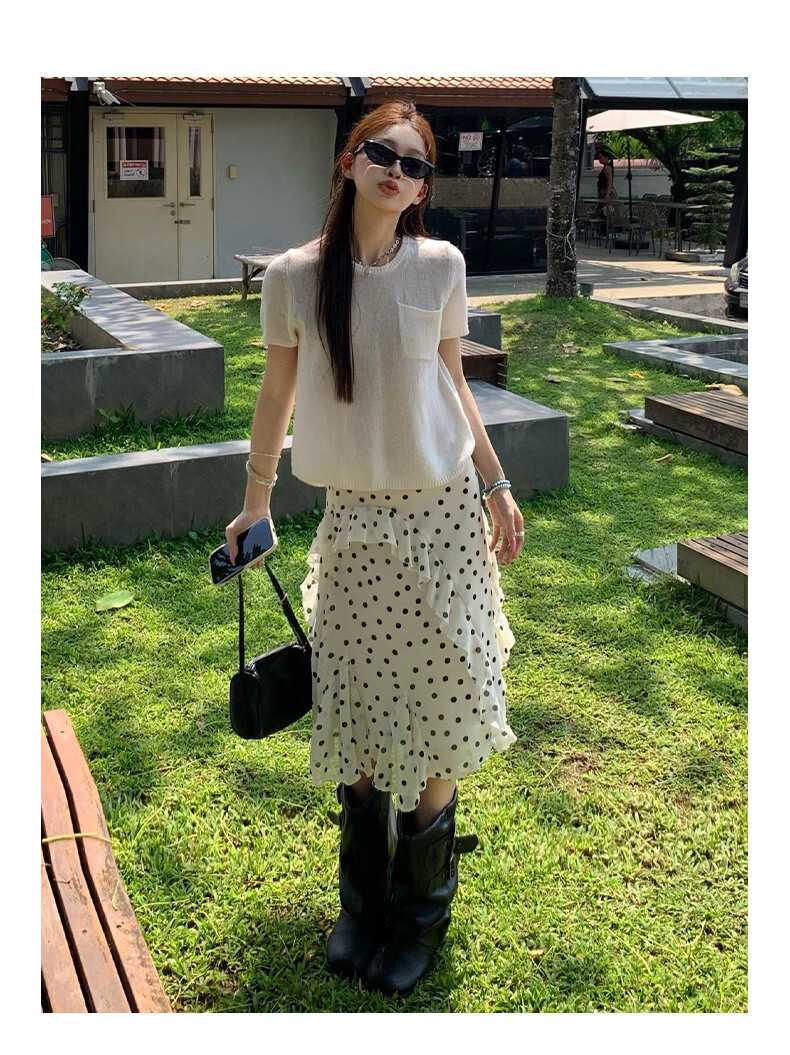 Langsha Polka Dot Women's Skirt 2026 New Ruffle Hem High Waist Slim A-Line White Irregular Skirt 20
