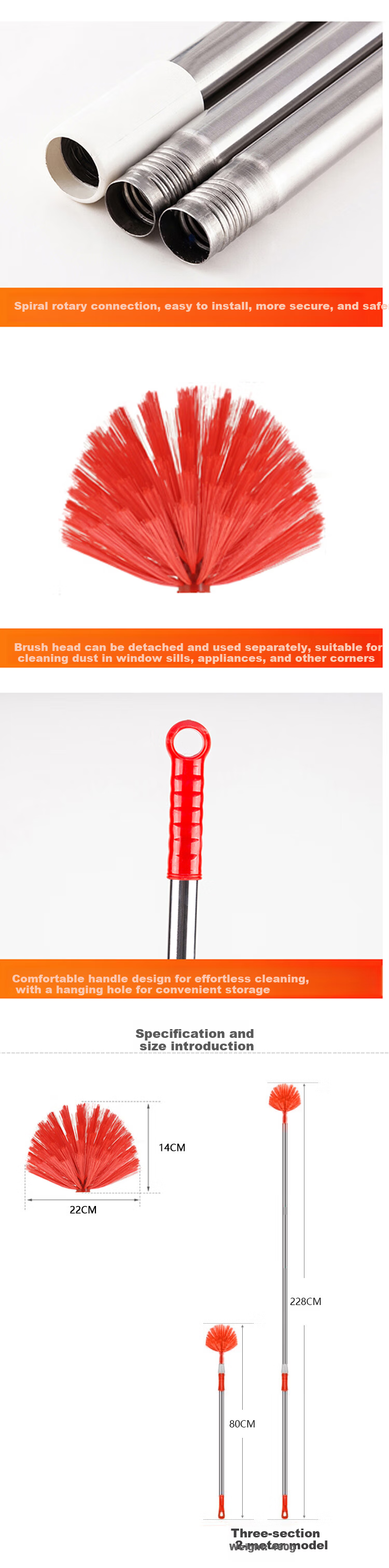 Bingyou Ceiling Roof Corner Cleaning Tool 230cm Extra Long Telescopic Pole Spider Web Brush Broom 2