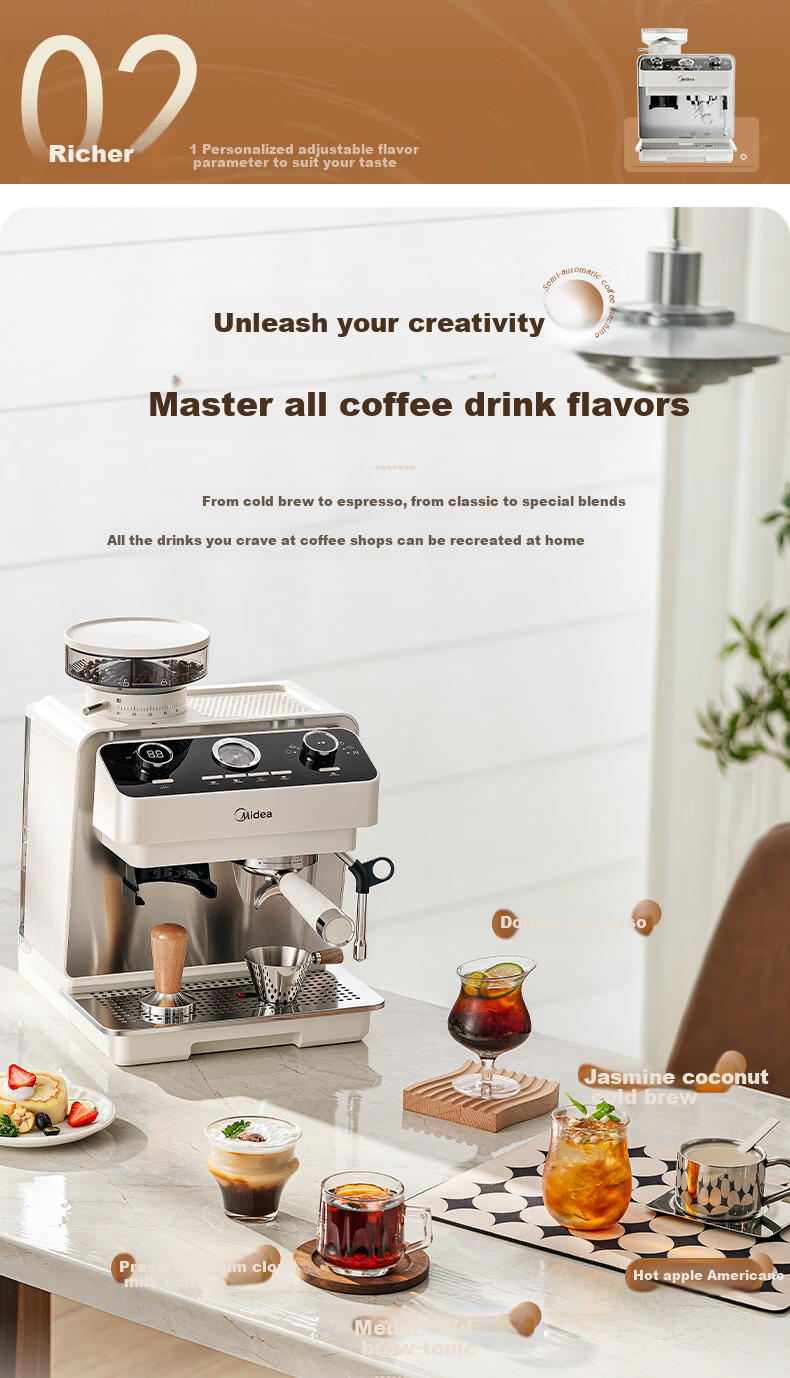 Midea Semi-Automatic Coffee Machine, Cold And Hot Three-Infusion Fully Automatic Grinder All-In Machine, Home Use Bean Grinder, Italian Espresso, Visible Pressure Gauge, GE5810 8