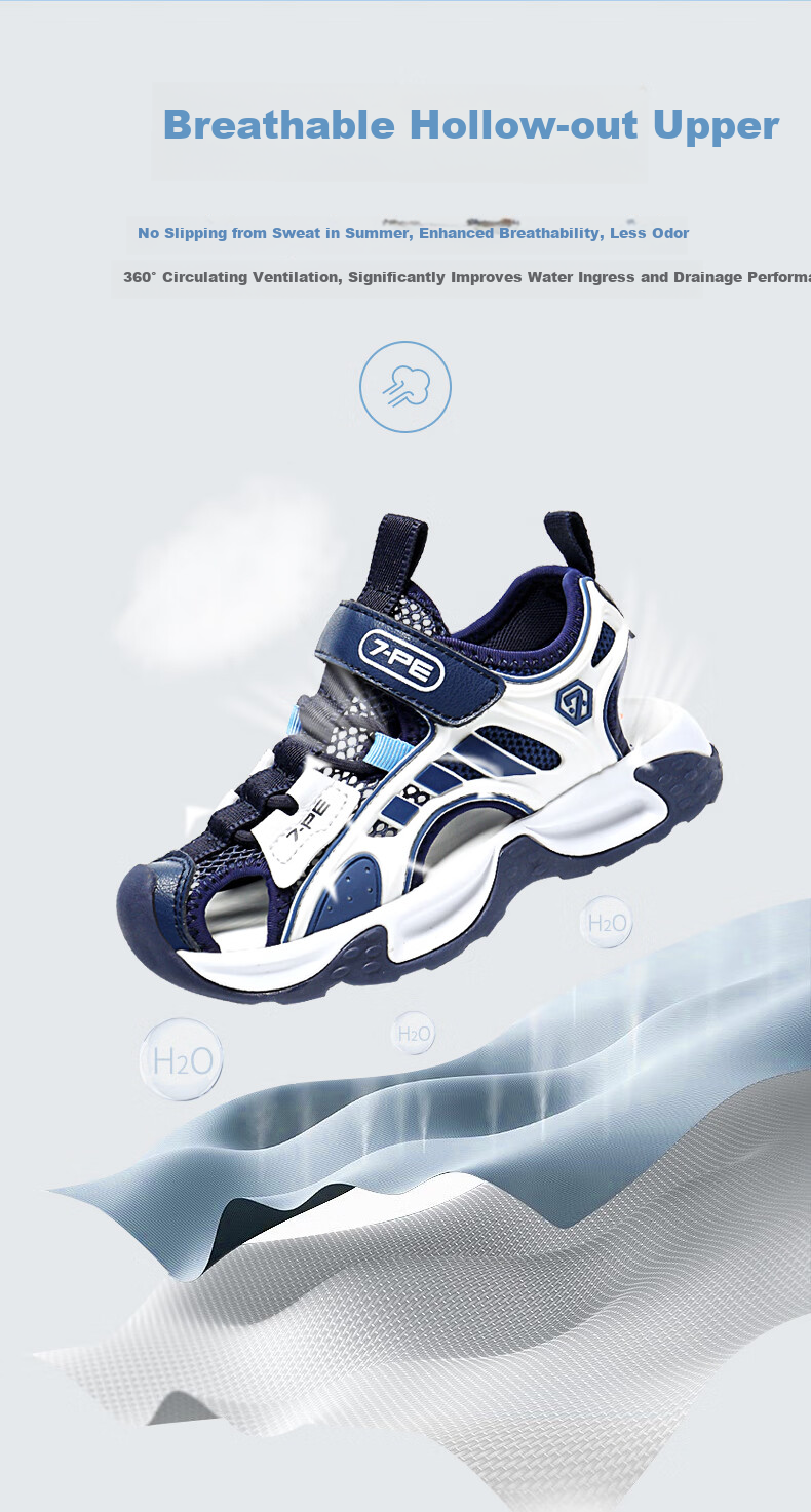 7-PE Boys' Sandals 2026 Summer New Closed-Toe Anti-Collision Sports Beach Breathable Kids' Shoes for Older Children 5