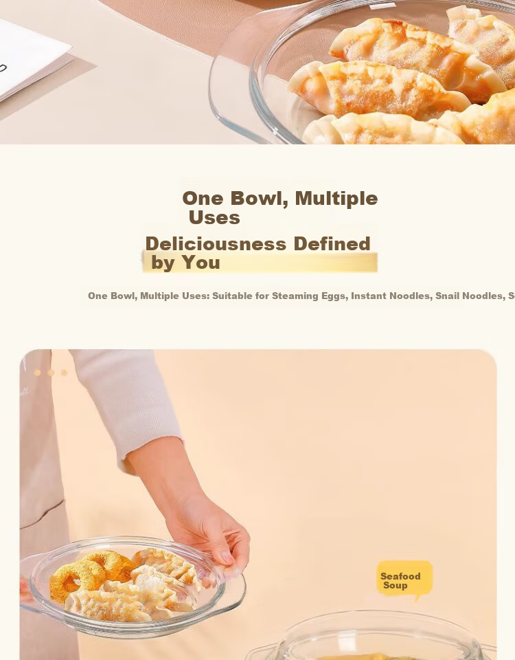 PINYU Glass Double-Handle Transparent Glass Bowl with Lid Microwave Safe Heat-Resistant Soup Bowl Noodle Bowl Salad Bowl Instant Noodle Steamed Egg Custard Bowl 13