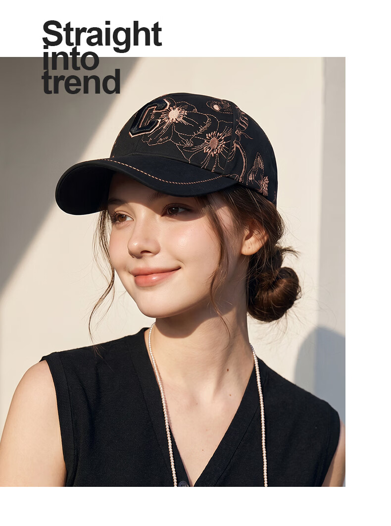 CACUSS Women's Embroidered Baseball Cap Hard Top Outdoor Sun Hat Casual Slim Face Duckbill Cap Black 7
