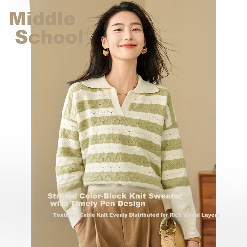 Chushen Spring Autumn Women's Knitwear Striped Textured Pattern Polo Collar Sweater Basic Top S143Z3010