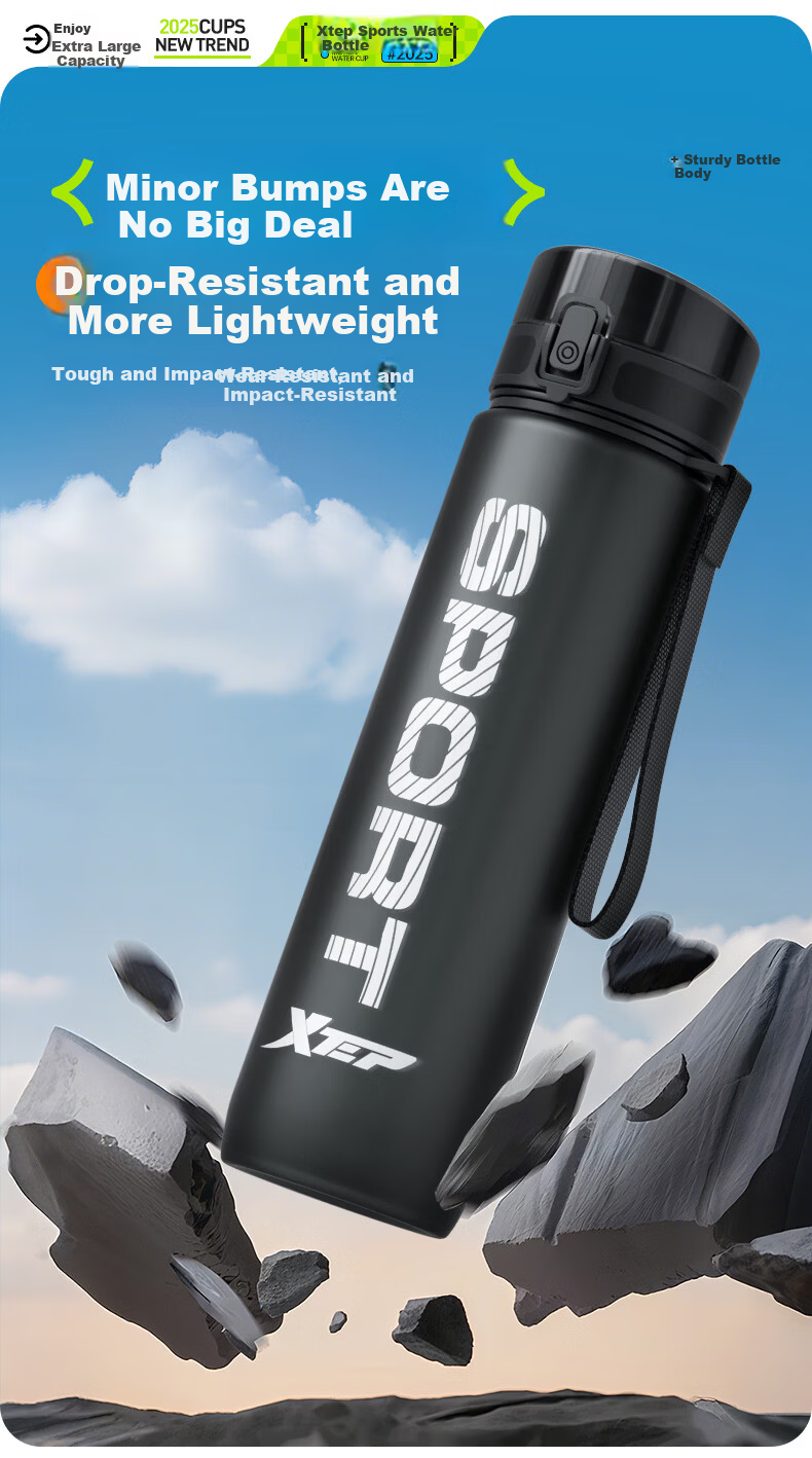 XTEP Sports Water Bottle Large Capacity Student Children School Use Unisex Fitness Portable Bottle High Temperature Resistant Summer Cup Black 16