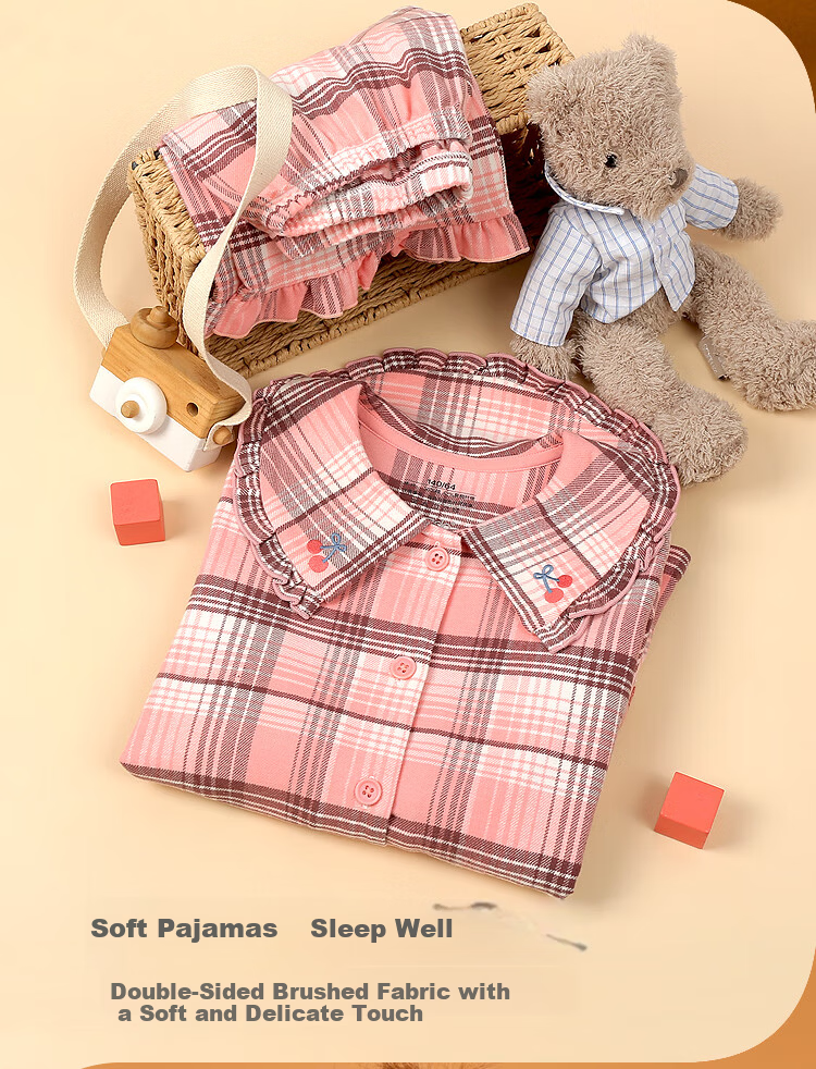 Hodohome Children's Pajamas, Girls' Plaid Cotton Loungewear, Girls' Brushed Lapel Cardigan Long-Sleeve Set 504 120 4