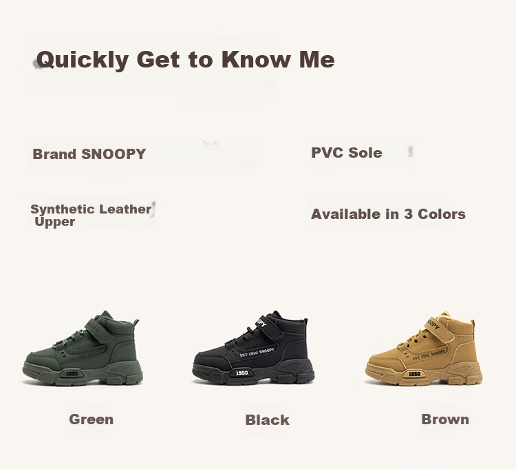 SNOOPY Boys' Martin Boots Warm Fleece Winter Fashion Short Boots 2821 Brown Size 32 1