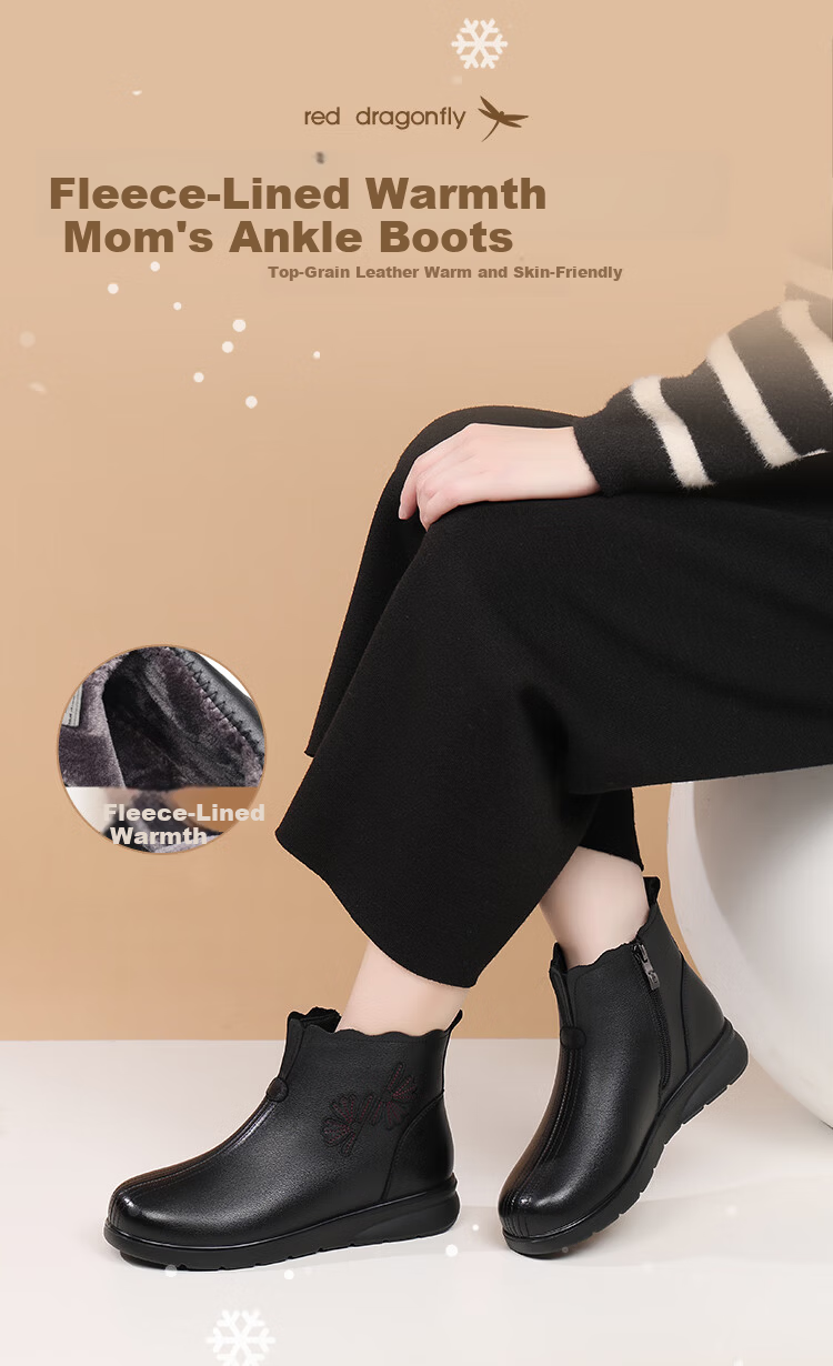 Red Dragonfly Women's Winter Fleece-Lined Leather Ankle Boots Lightweight Soft Sole Fashionable Warm Cotton Shoes WTC457421C Black Size 37 1