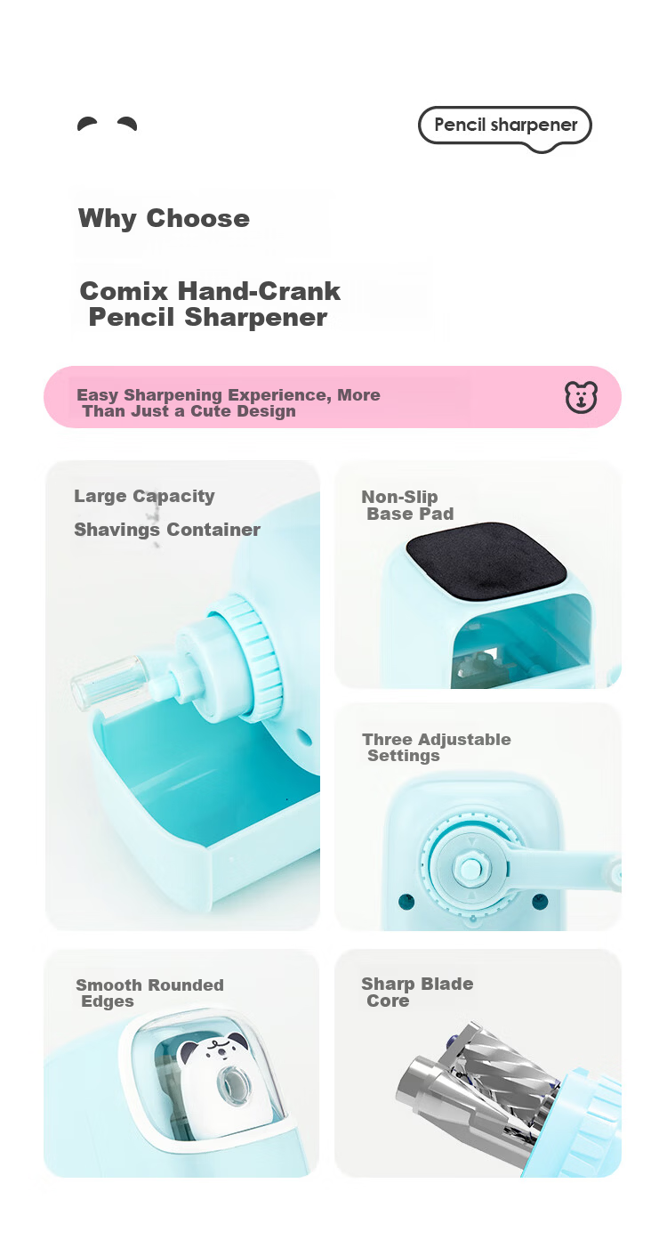 COMIX Automatic Pencil Sharpener Student Hand-Crank Alloy Steel Pencil Sharpener Cartoon Pencil Sharpener Exam Gift for Primary School Students Blue XS-63 2