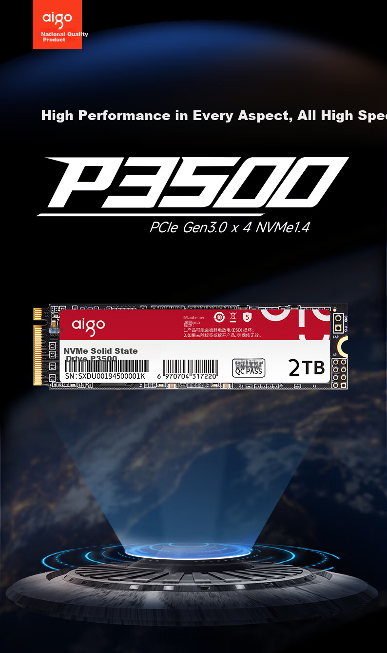 Aigo 256GB SSD Solid State Drive M.2 NVMe PCIe 3.0 TLC Desktop Laptop P3500 3500MB/s Read Speed 1