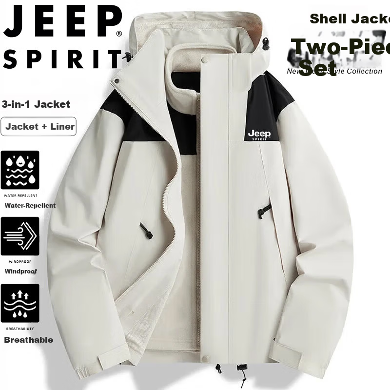 JEEP SPIRIT Men's 3-in-1 Jacket Spring Autumn Winter Outdoor Mountaineering Windproof Coat Gray White L