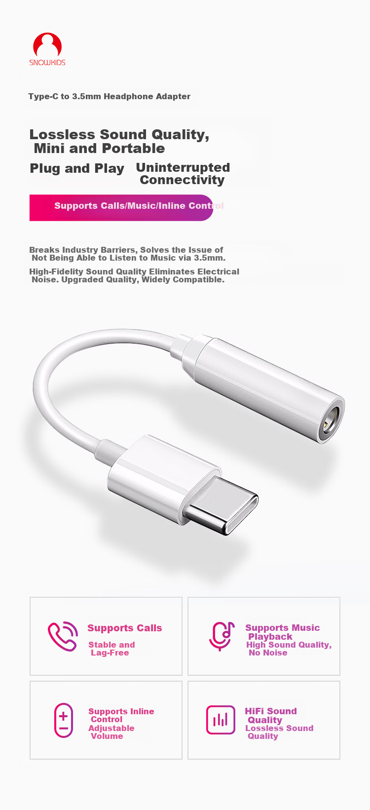 Snowkids Type-C to 3.5mm Audio Adapter Cable K40 for Xiaomi Huawei Mate40 Series USB-C Headphone Converter 2