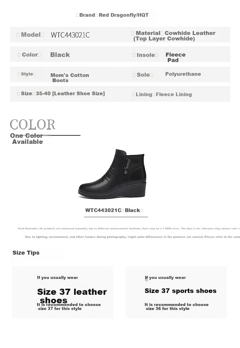 Red Dragonfly Women's Short Boots Fleece Lined Thickened Mid-Aged Cotton Wedge Heel Mom Boots WTC443021C Black Size 35 9