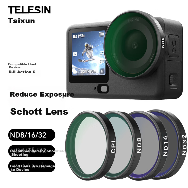 TELESIN Compatible DJI Action 6 Filters ND Neutral Density CPL Polarizer Schott Glass CPL+ND8/16/32 Set