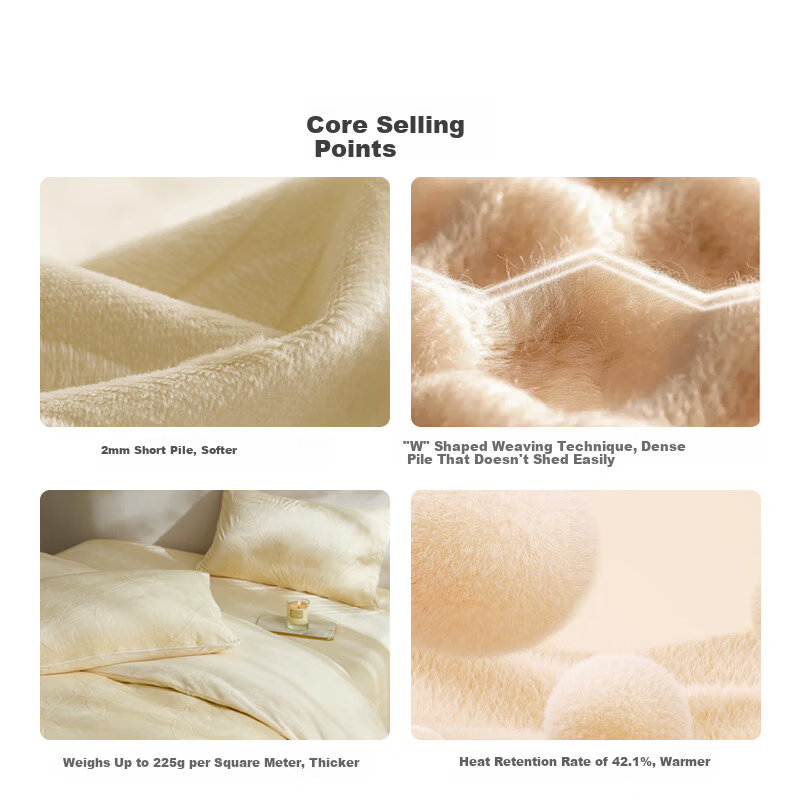 LUOLAI Home Textile Class A Mousse Velvet Winter Fleece Four-Piece Set Milk Velvet Coral Fleece Light Yellow 220*250cm