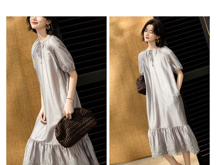 Demana Wrinkled Acetate Summer Vacation Style Tassel V-Neck Lace Splice Loose Mid-Length Women's Dress 7