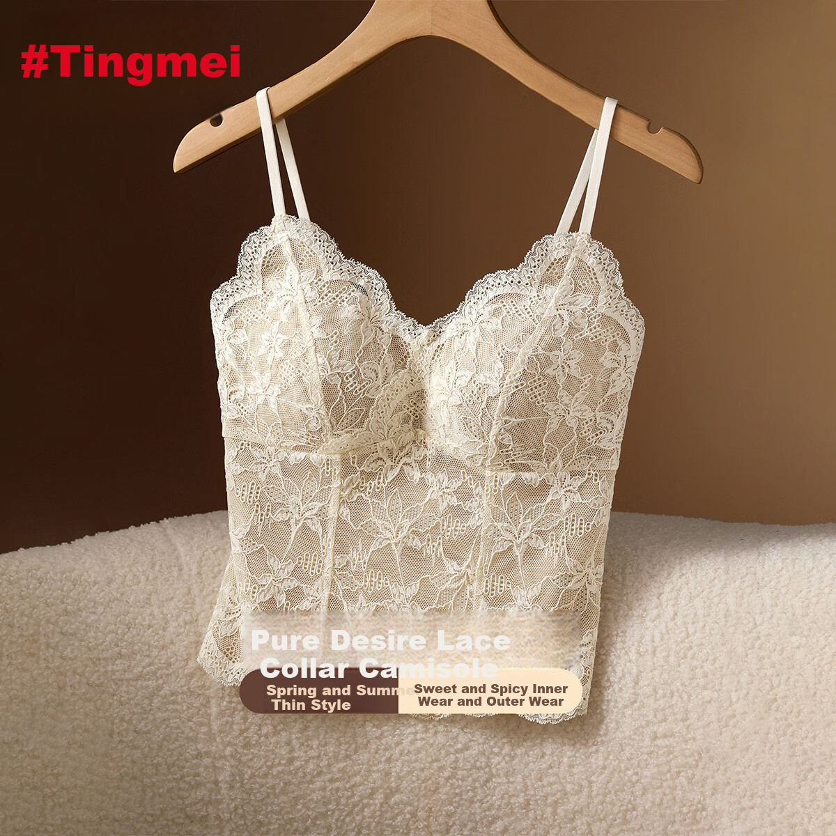 Tingmei French Lace Camisole Women's Spring Summer Backless Bra Padded Slim Fit Tank Top