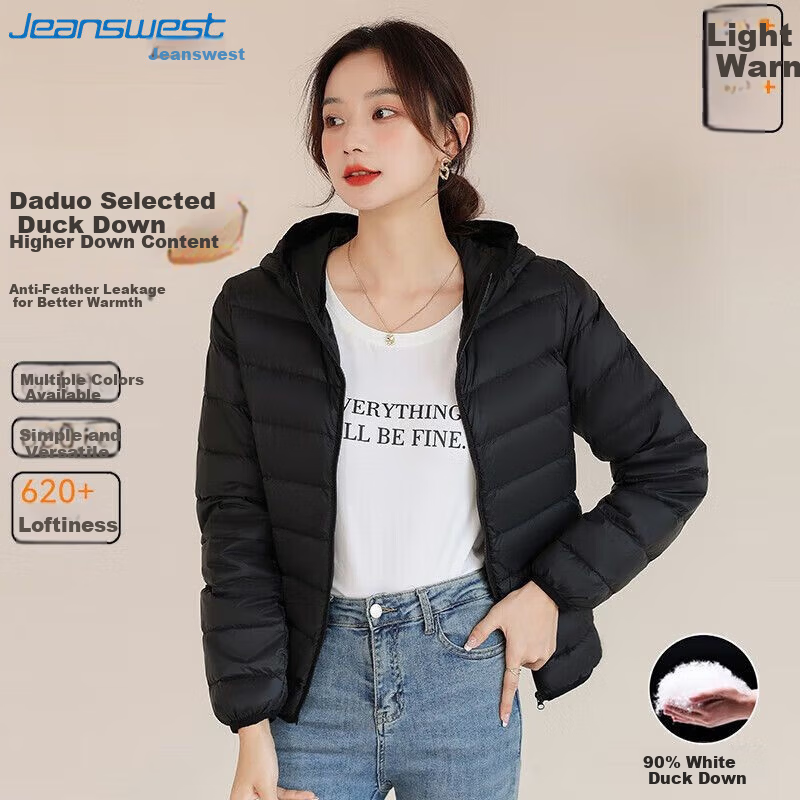 Jeanswest Women's Spring Autumn Hooded Lightweight Short White Duck Down Jacket Black S
