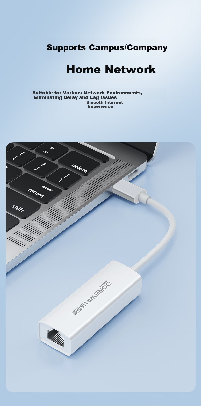 DOREWIN Type-C to Ethernet Adapter Wired Network Card Converter USB Docking Station Compatible with Apple Mac Lenovo Huawei Laptop Ethernet Extension Cable 3
