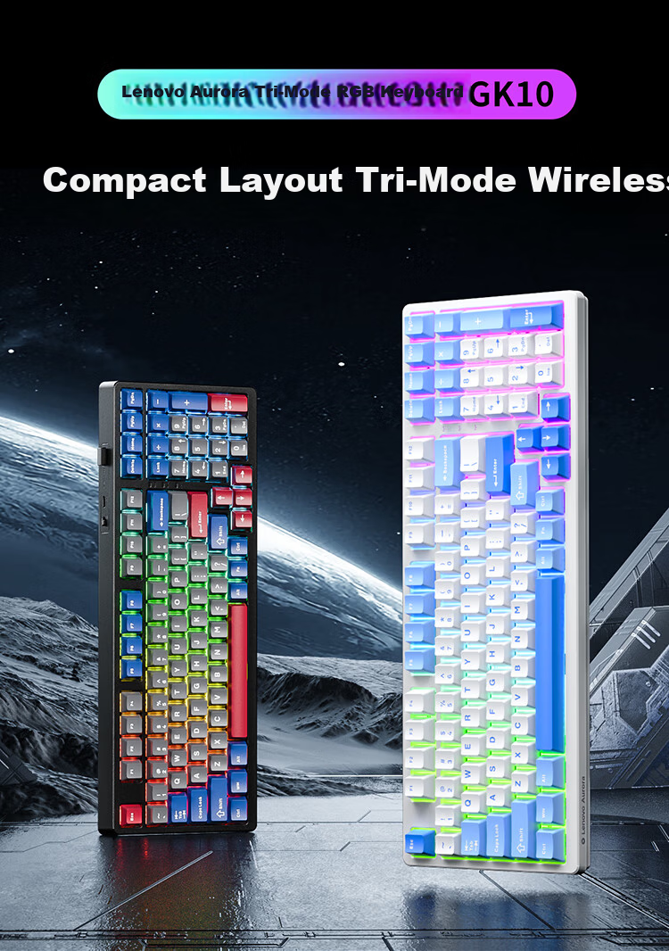 Lenovo GK10 Mechanical Keyboard with Full Hot-Swappable Keys, 20 Backlight Effects, Gaming And Office Computer Keyboard, Aurora Series Three-Mode Version 80-Key Layout, Snow Blue RGB Brown Switch 1