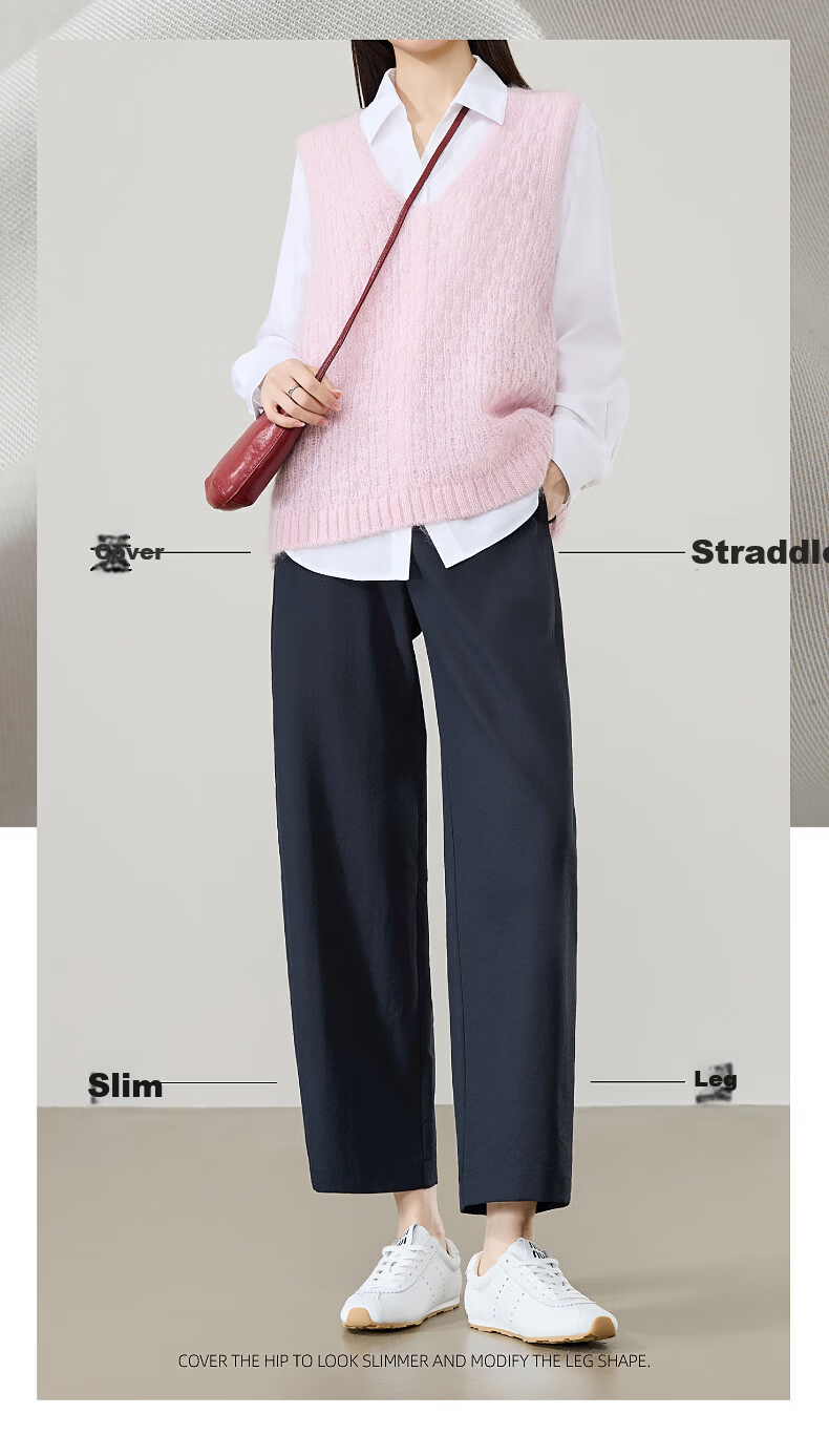 ESE-Y High Waist Cocoon Pants Women 2026 Spring New Slimming Straight Leg Cropped Harem Casual Pants Navy Blue Size 30 2