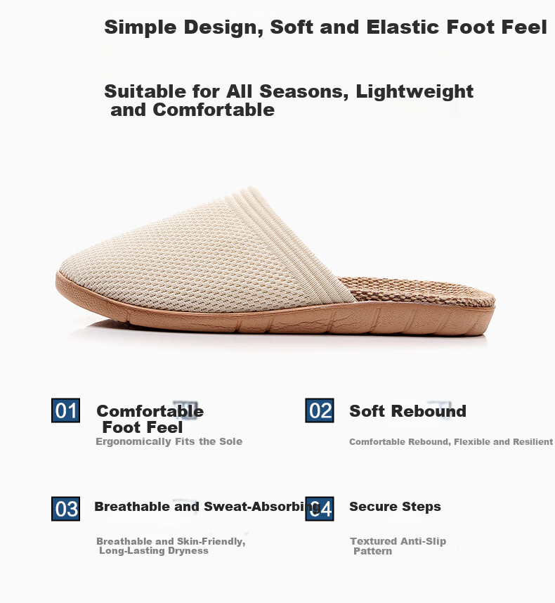 Guoluofi Japanese Style Spring Autumn Linen Slippers Summer Unisex Home Non-Slip Indoor Cotton Linen Floor Sandals Couple Beige 40-41 2