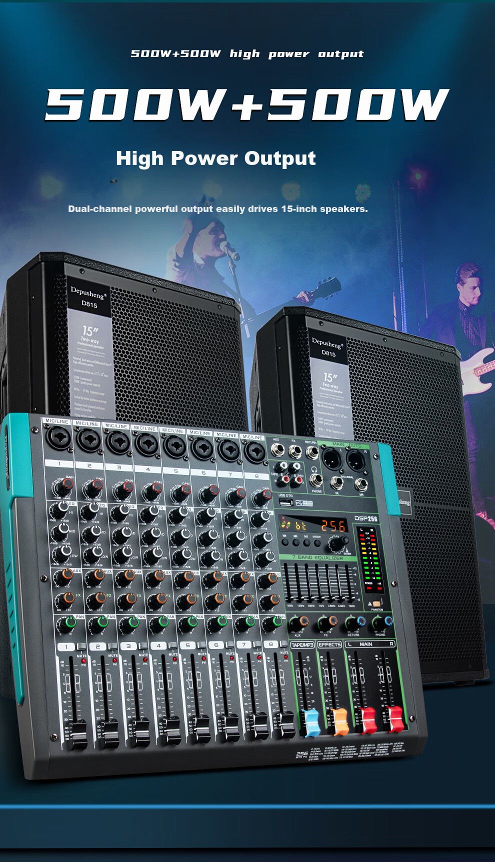 Depusheng GT2 8-Channel Mixer Amplifier All-in-One Stage Performance Home KTV Wedding Bar Conference 256 Reverb Bluetooth USB Single 15-Inch 500W*2 High Power 3
