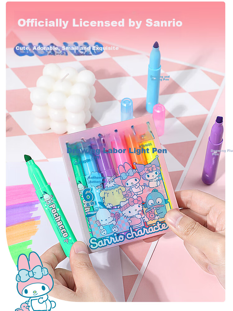 GuangBo & Sanrio Large Capacity Highlighter Pens, 6 Colors, Student Note-Taking Markers, Journaling Pens, Doodle Pencils, KT84591 9