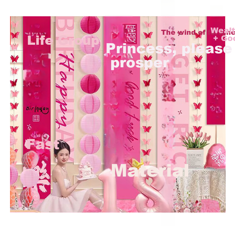 Guangduola Girl Birthday Scene Decoration Banner Pink Hanging Cloth Happy Birthday Atmosphere Background Wall Supplies Set 7