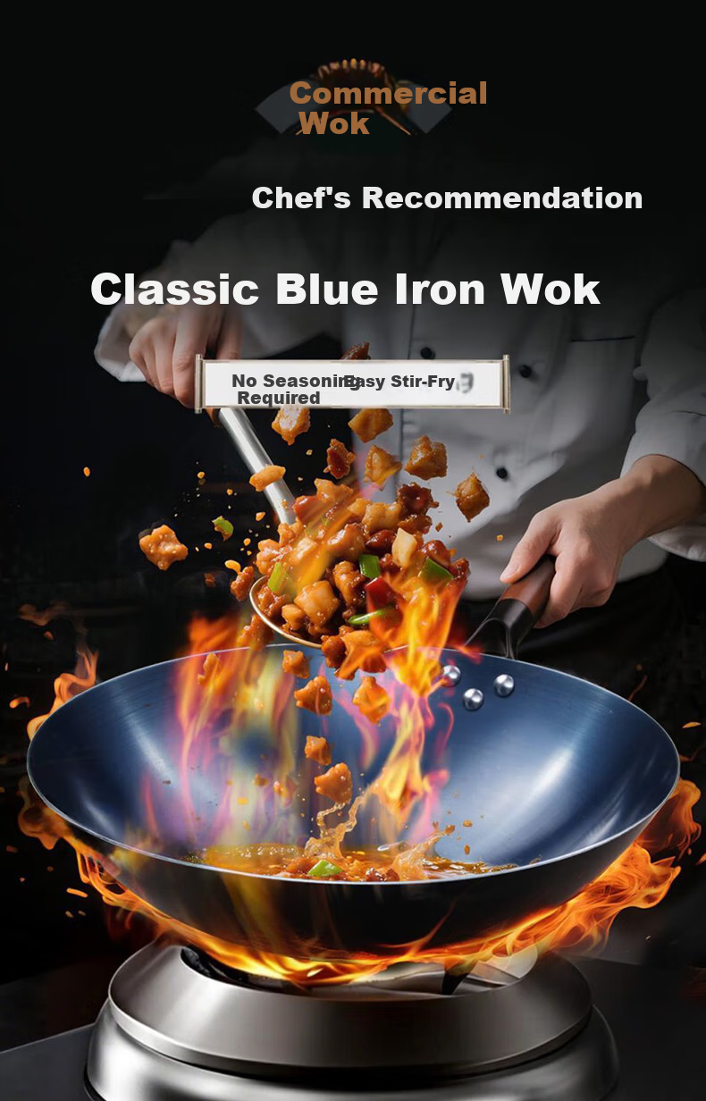 Quanpinwu Cast Iron Stir-Fry Pan Non-Coated Seasoned Non-Stick Round Bottom Large Capacity Gas Stove Wok with Lid 36cm 1