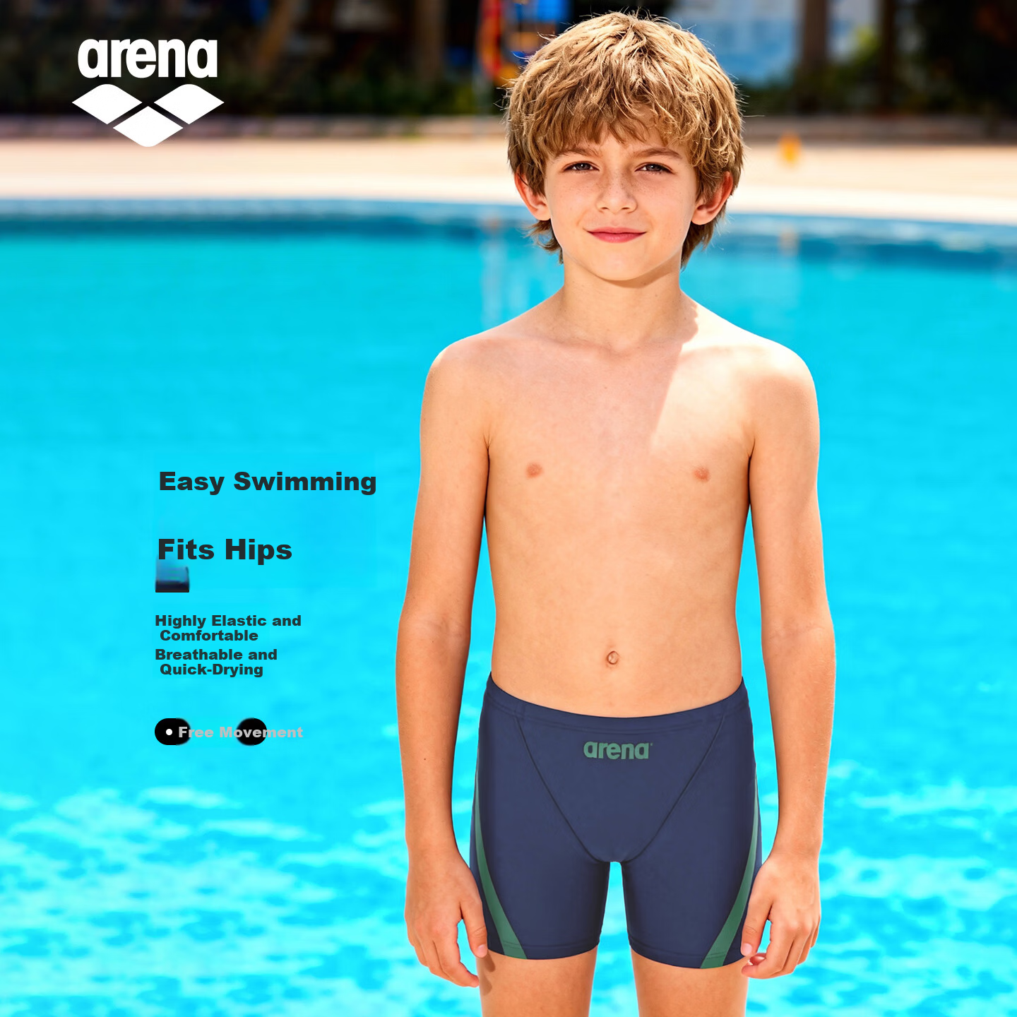Arena Kids Boys Competitive Square Leg Swim Trunks High Elasticity Comfortable Training Swimwear for Youth and Teens