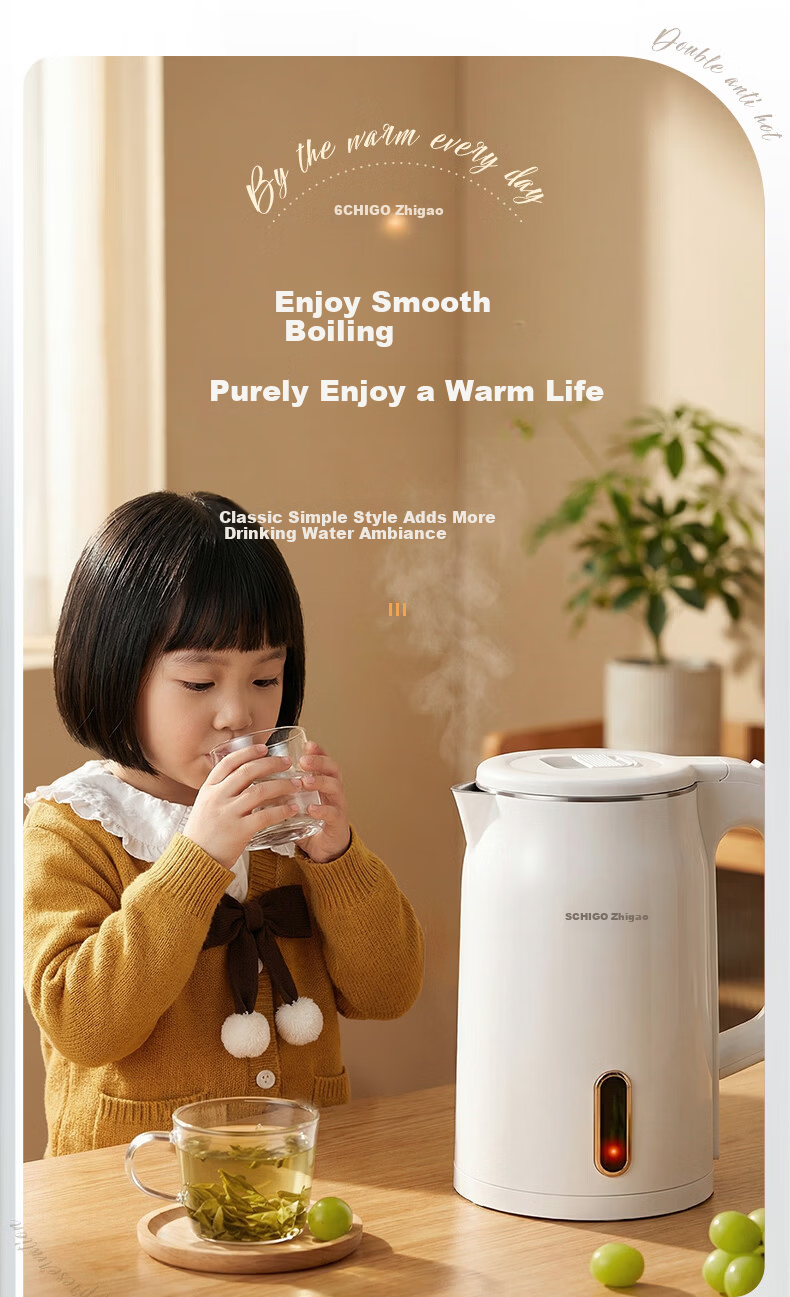 CHIGO Electric Kettle 1.8L Double-Layer Anti-Scald Stainless Steel Water Boiler High Power Fast Boiling Household Kettle 4