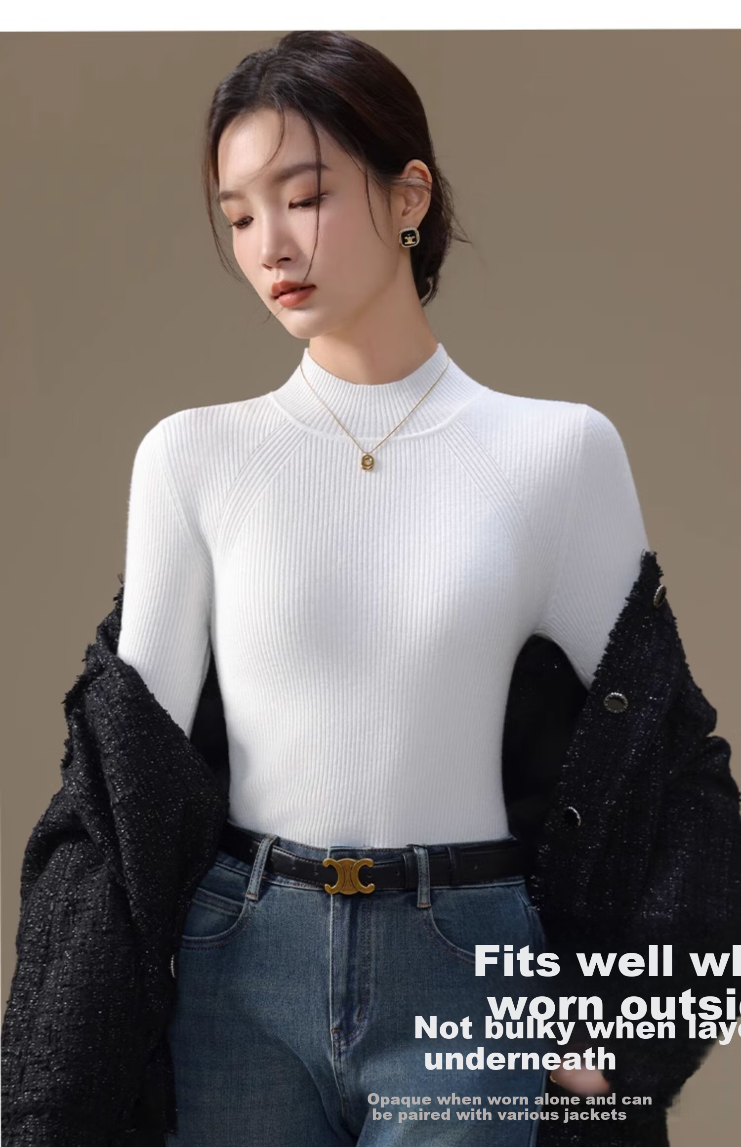 YUZHAOLIN Women's Half Turtleneck Knit Base Shirt Autumn Winter Inner Wear Little Chanel Style Sweater Black 9