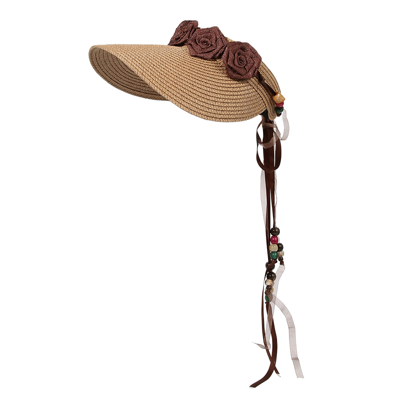 CACUSS Women's Summer Straw Sun Hat with Open Top, Wide Brim, Fashionable Floral Ribbon, Face-Slimming Sun Hat, Huaxin Coffee Color