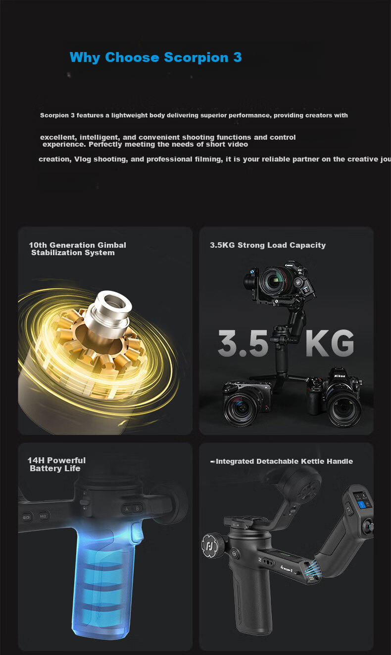 FeiyuTech Scorpion 3 Professional 3-Axis Stabilizer for Mirrorless and DSLR Cameras Live Streaming Handheld Gimbal AI Tracking Camera Stabilizer 3