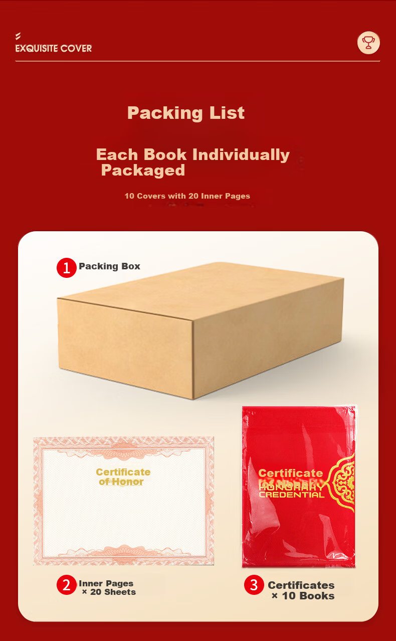 Zhijing Velvet Classic Honor Certificate Cover 12K 10-Pack Customizable Award Certificate Holder with 20 Inner Pages Velvet Award Cover 8