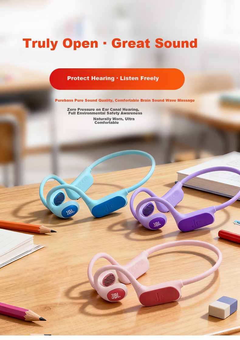 JBL JR Free Open-Ear Wireless Neckband Kids Headphones Non-In-Ear Bluetooth Ear-Hook Student Study Online Class Sports Music Ear Protection Parent-Child Education Sky Blue Purple 3
