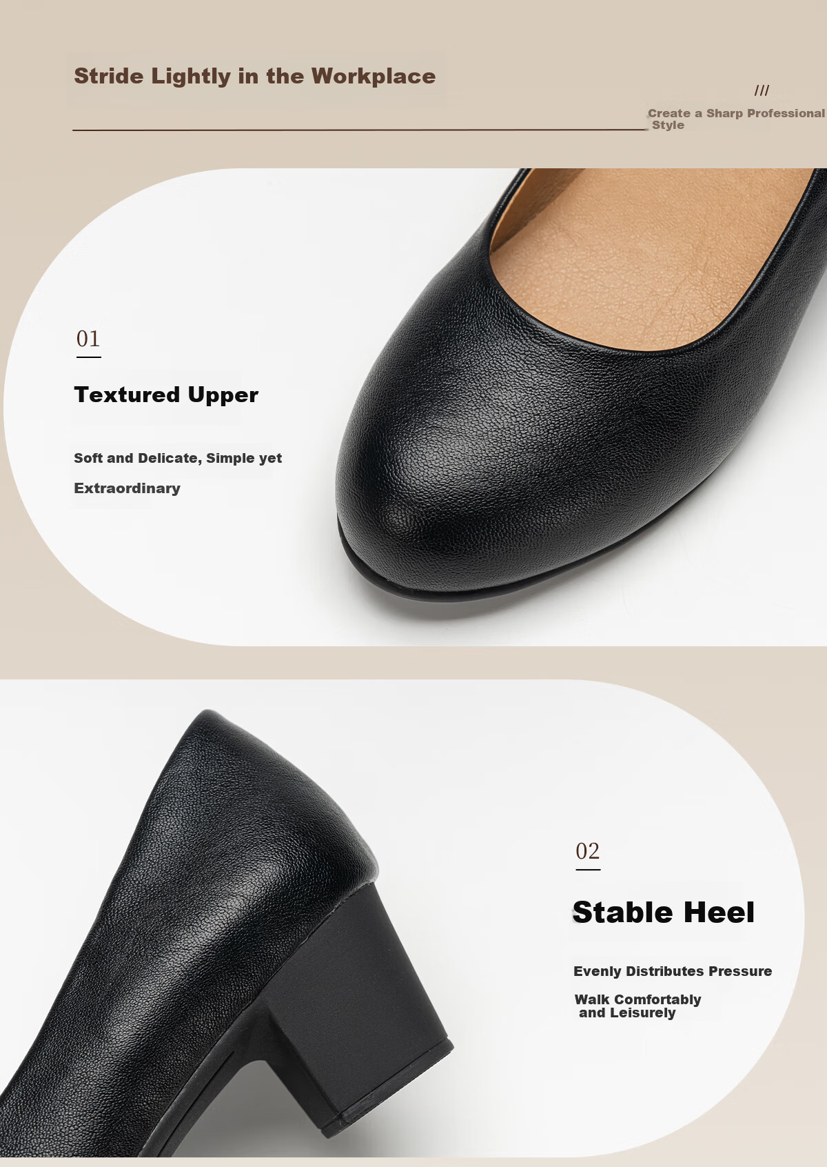 Warrior Black Work Shoes for Women Comfortable Long-Standing Office Shoes Chunky Heel Interview Leather Shoes Black Size 35 10