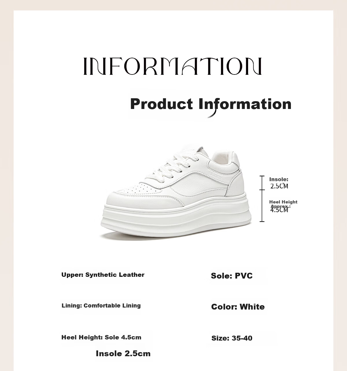 Warrior Women's Autumn Casual Fashion Platform Thick-Soled White Sneakers, Height-Increasing Sports Shoes, Size 40 7